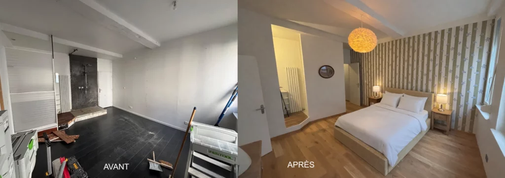 Rénovation complète d'une suite parentale avec création d'un joint douche, peinture, pose d'un parque contre collé en chêne, papier peint de la maison Jeanette
