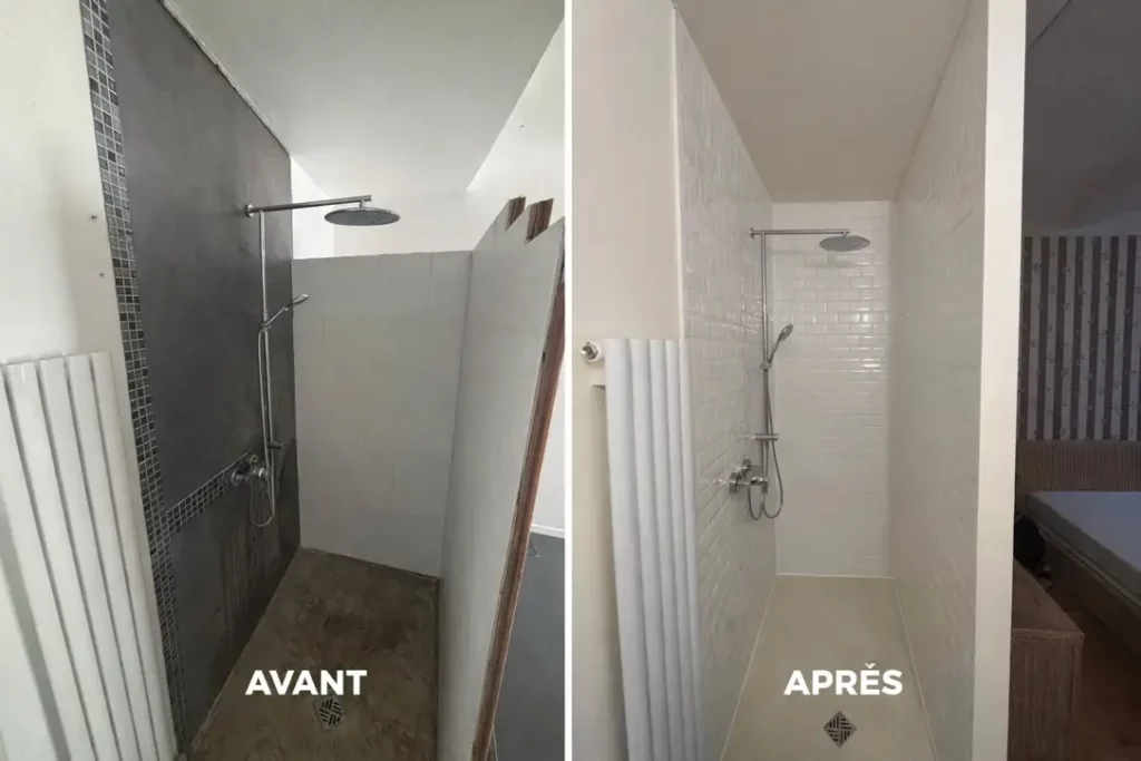 Rénovation compléte de l'espace douche, cloison, etancheité, béton ciré