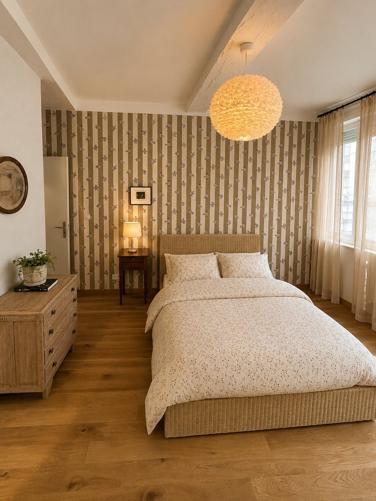 chambre_parentale_final_web_uniform Cuisine en L sur mesure avec façades vert mat et bois, plan de travail clair, rangements intégrés et électroménager encastré, réalisée par FAKT Agencement