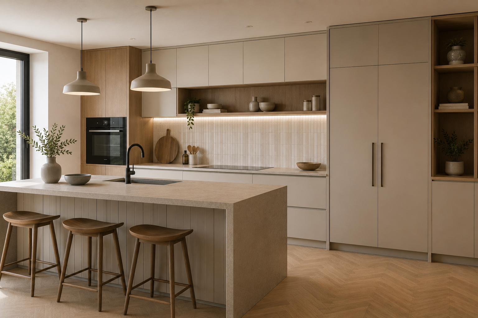 Cuisine en L sur mesure avec façades vert mat et bois, plan de travail clair, rangements intégrés et électroménager encastré, réalisée par FAKT Agencement